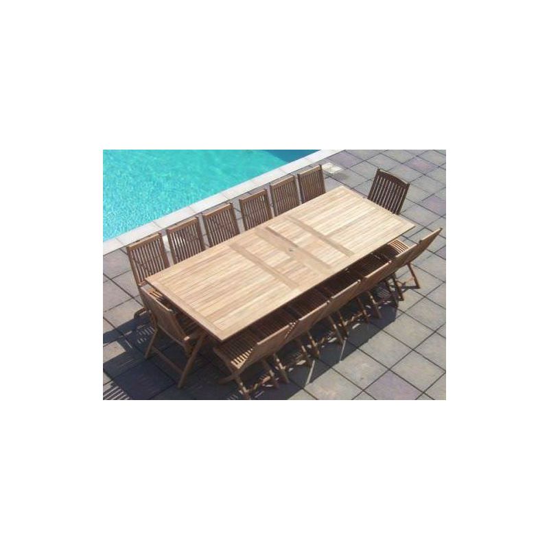 1.2m x 2.4m-3.2m Teak Rectangular Double Extending Table with 12 Kiffa Folding Chairs & 2 Kiffa Folding Armchairs